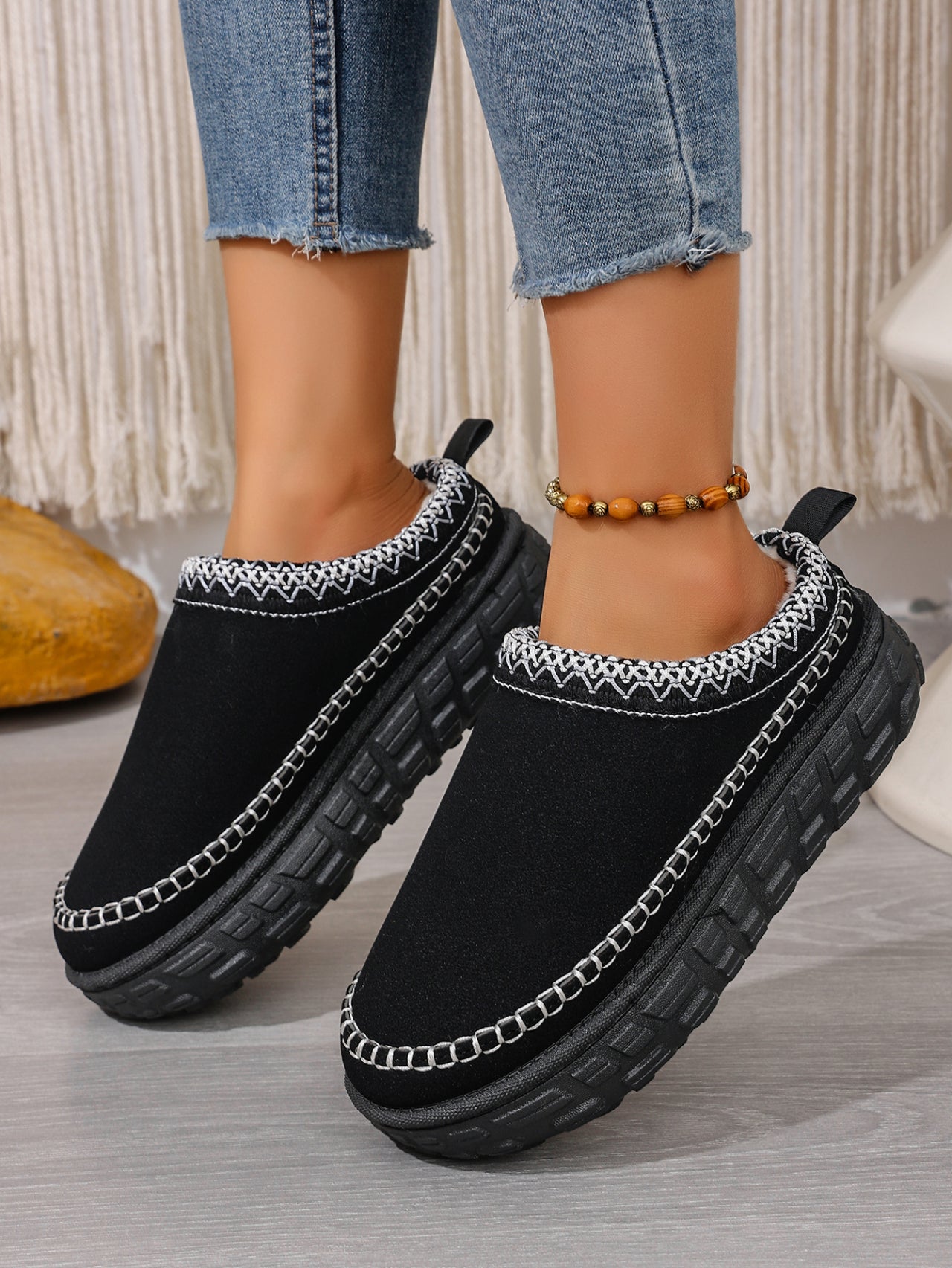 Women’s Slip-On Warm Cotton Half Boots – Thick Sole, Anti-Slip, Fleece Inside for Winter Comfort