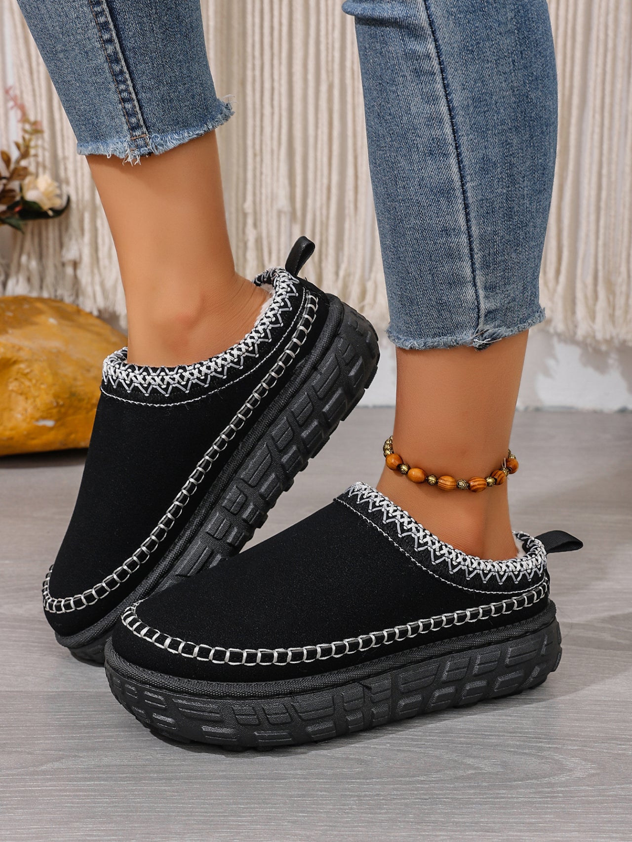 Women’s Slip-On Warm Cotton Half Boots – Thick Sole, Anti-Slip, Fleece Inside for Winter Comfort