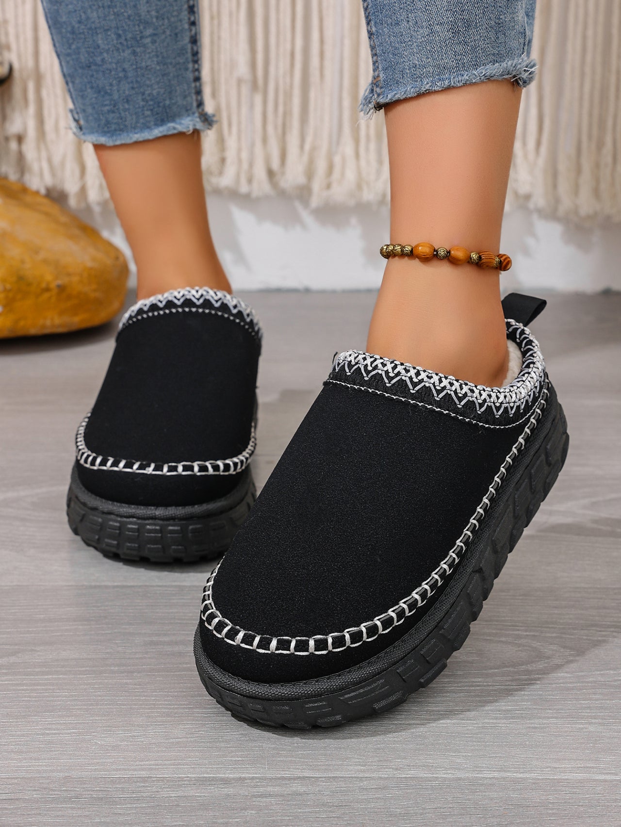 Women’s Slip-On Warm Cotton Half Boots – Thick Sole, Anti-Slip, Fleece Inside for Winter Comfort