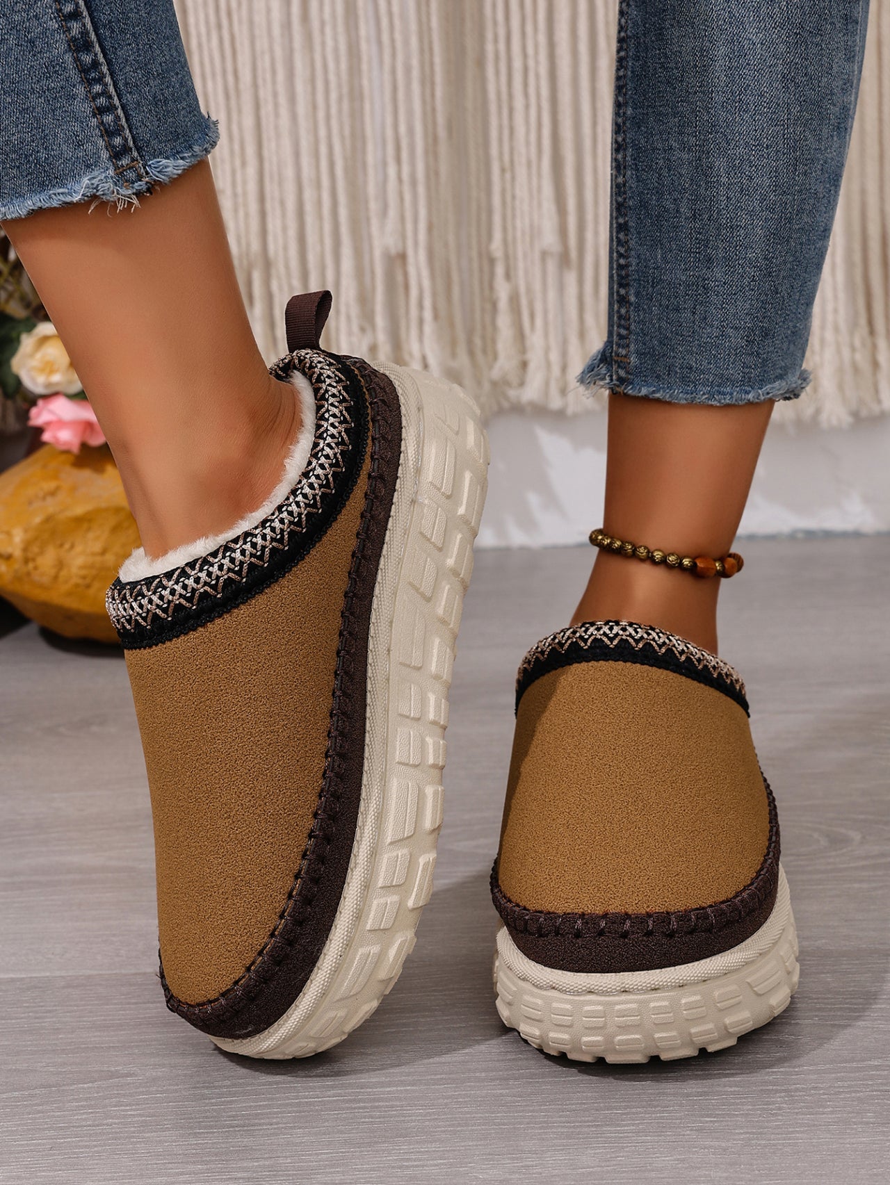 Women’s Slip-On Warm Cotton Half Boots – Thick Sole, Anti-Slip, Fleece Inside for Winter Comfort