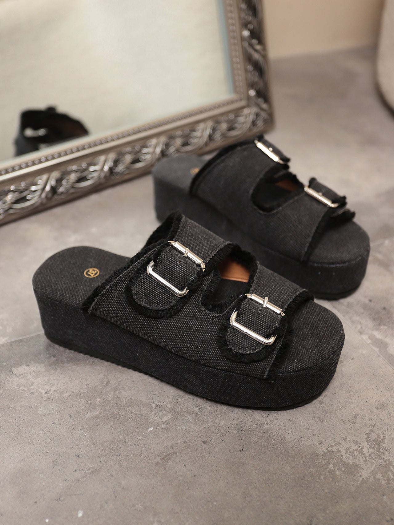 Chic Denim Double-Buckle Platform Sandals for Women