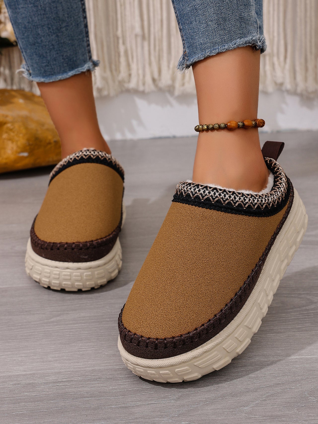 Women’s Slip-On Warm Cotton Half Boots – Thick Sole, Anti-Slip, Fleece Inside for Winter Comfort