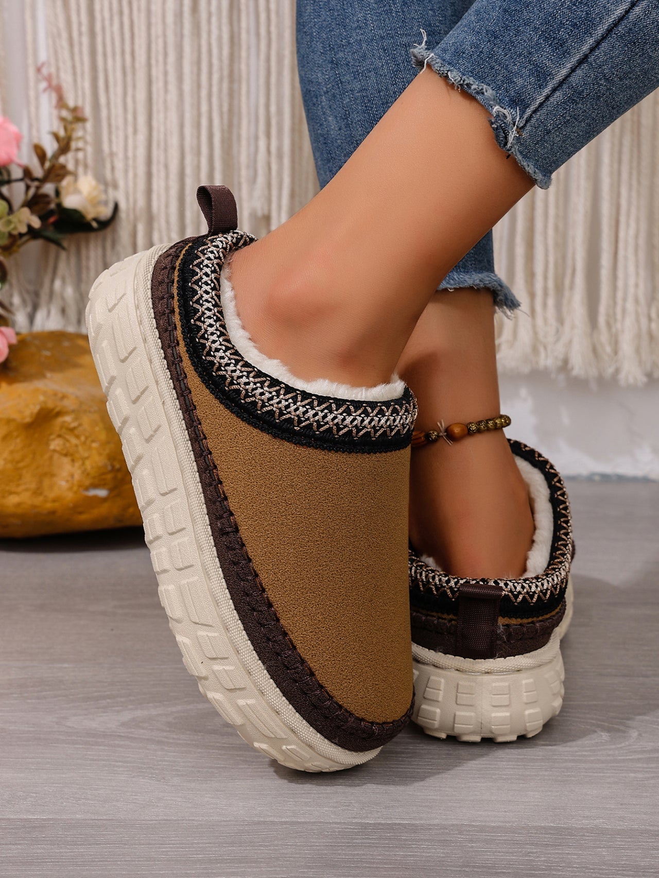 Women’s Slip-On Warm Cotton Half Boots – Thick Sole, Anti-Slip, Fleece Inside for Winter Comfort