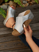 Women's Fashionable Plain Color Wedge Sandals, Casual Comfortable Peep Toe Sandals for Summer, Female All-match Round Toe Sandals for Daily Wear, PU Leather Sandals