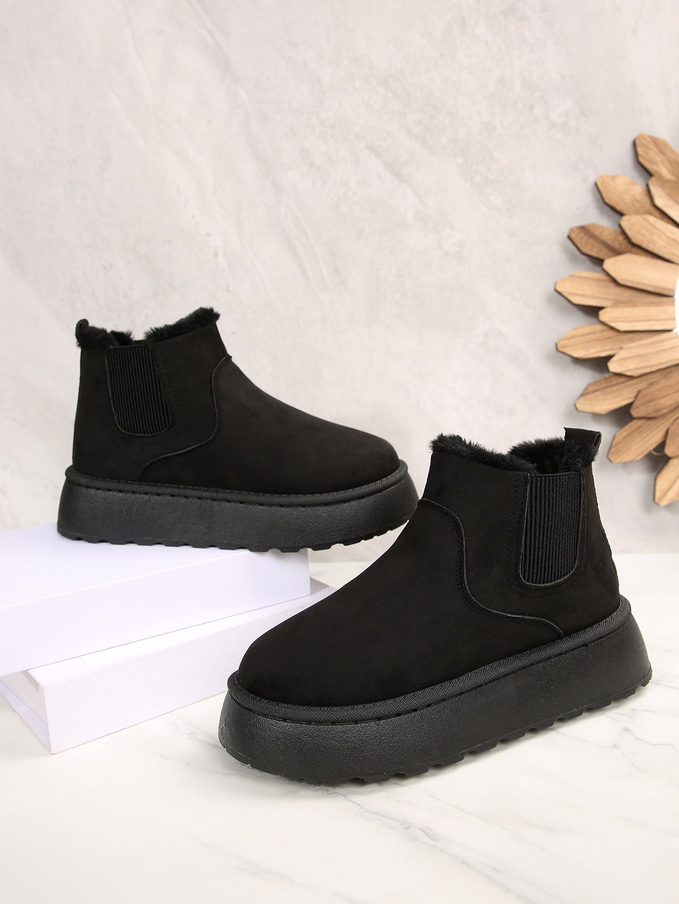 Women’s Warm Fur Lined Platform Ankle Boots – Slip-On Winter Short Boots with 2.36in Thick Sole