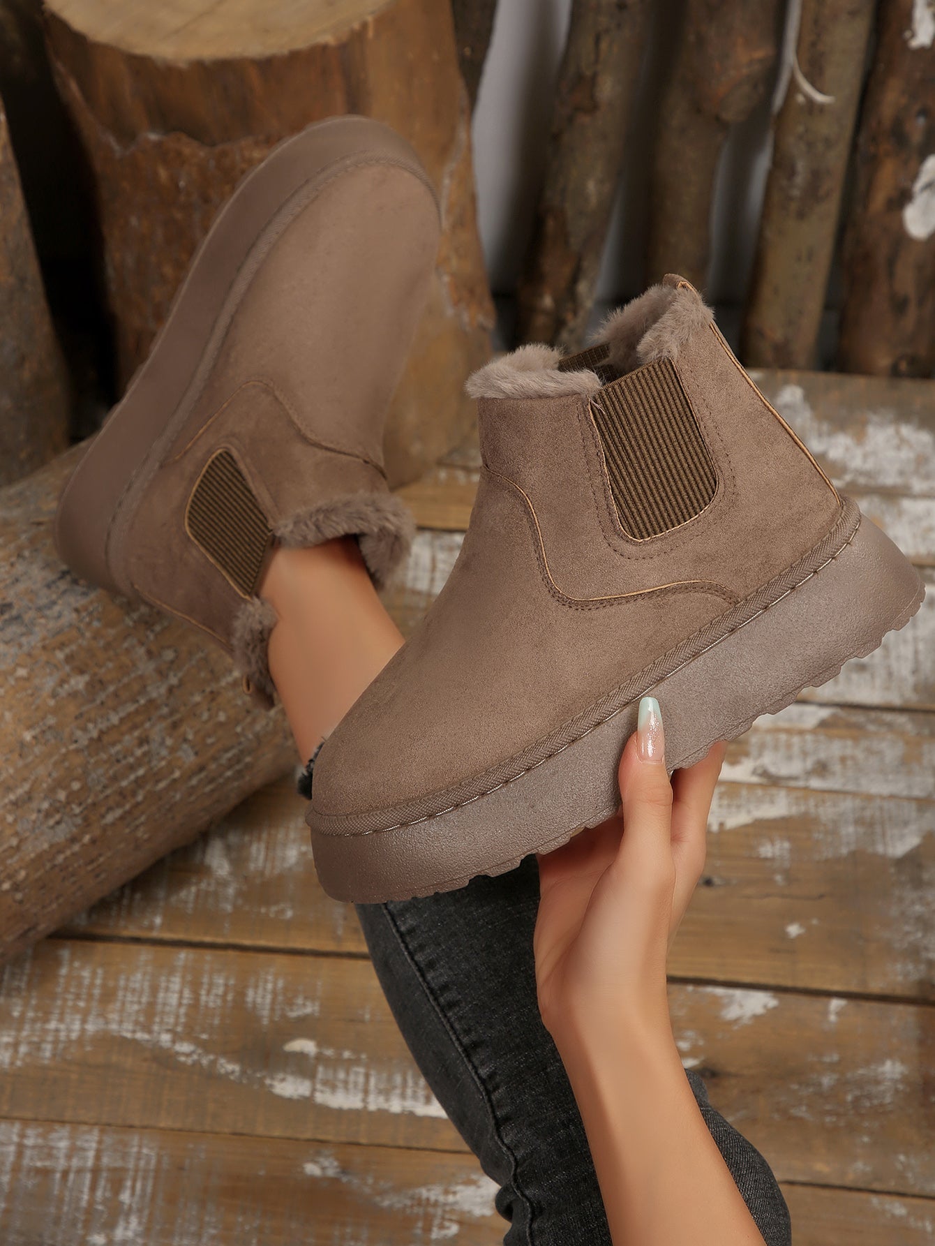 Women’s Warm Fur Lined Platform Ankle Boots – Slip-On Winter Short Boots with 2.36in Thick Sole