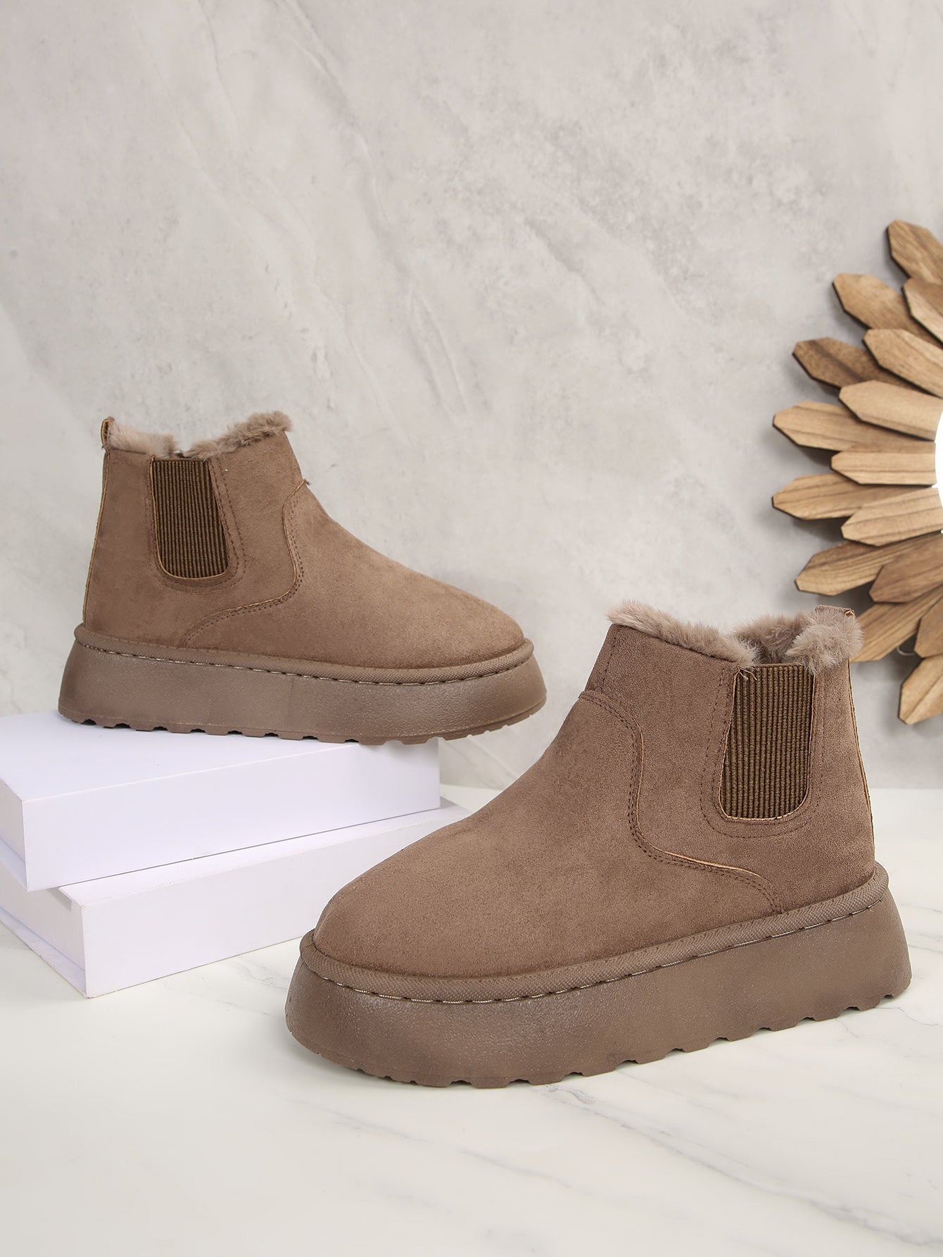 Women’s Warm Fur Lined Platform Ankle Boots – Slip-On Winter Short Boots with 2.36in Thick Sole