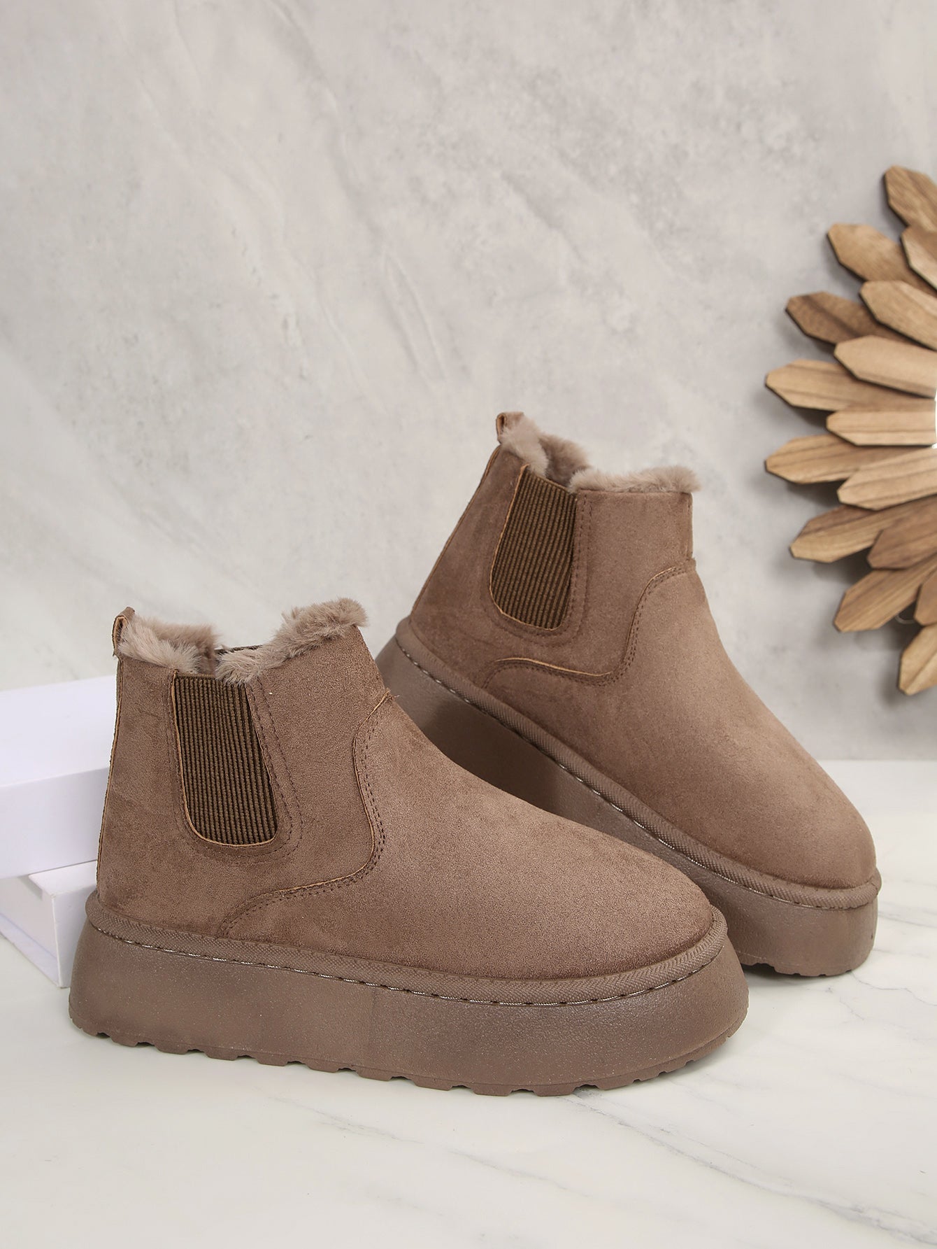 Women’s Warm Fur Lined Platform Ankle Boots – Slip-On Winter Short Boots with 2.36in Thick Sole