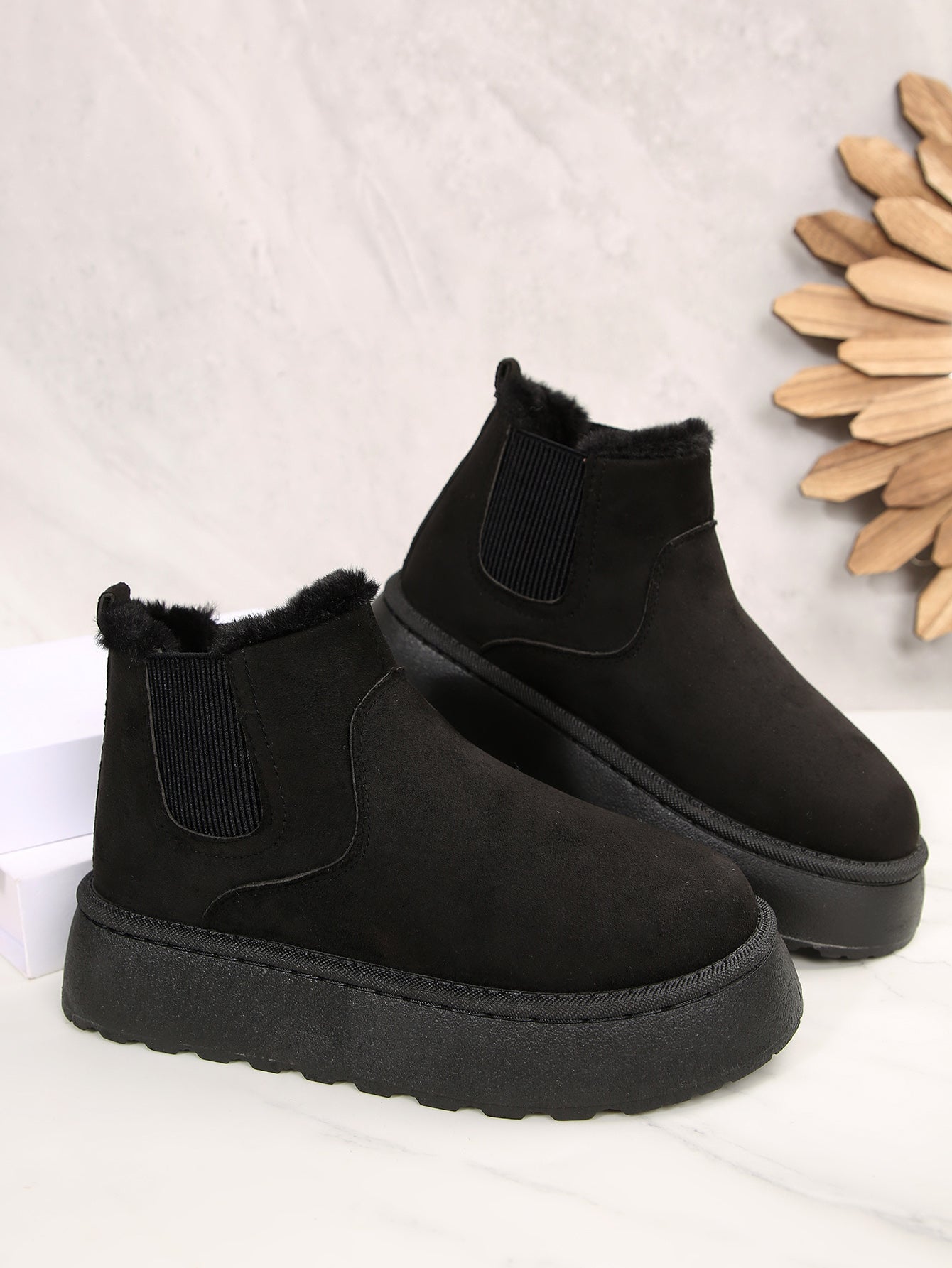 Women’s Warm Fur Lined Platform Ankle Boots – Slip-On Winter Short Boots with 2.36in Thick Sole